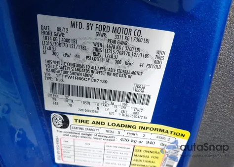 2012 Ford F-150 Svt Raptor из США, поврежденный, VIN 1FTFW1R66CFC87139